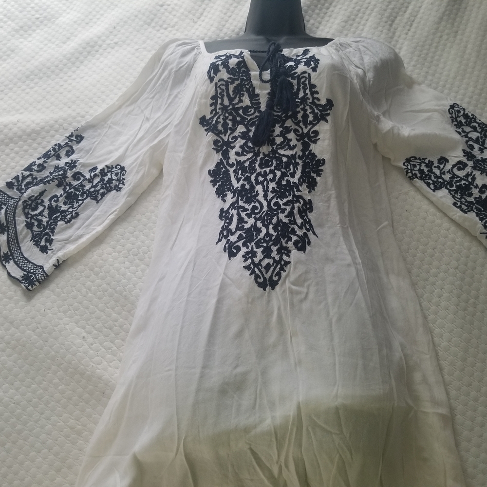 Embroidered Off-White Blouse with Dark Blue Detailing